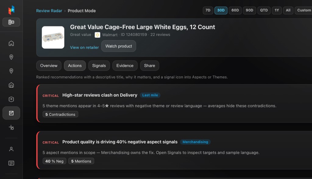Review Radar Actions tab with critical recommendations, quote excerpts, and links into Signals and Evidence
