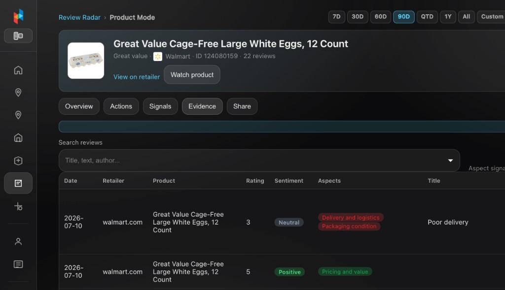 Review Radar Evidence table listing reviews with ratings, sentiment, and filters applied
