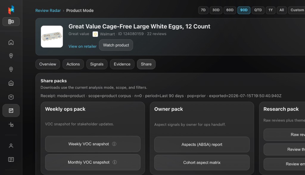 Review Radar Share tab with stakeholder export packs and filter receipt for reproducible reports